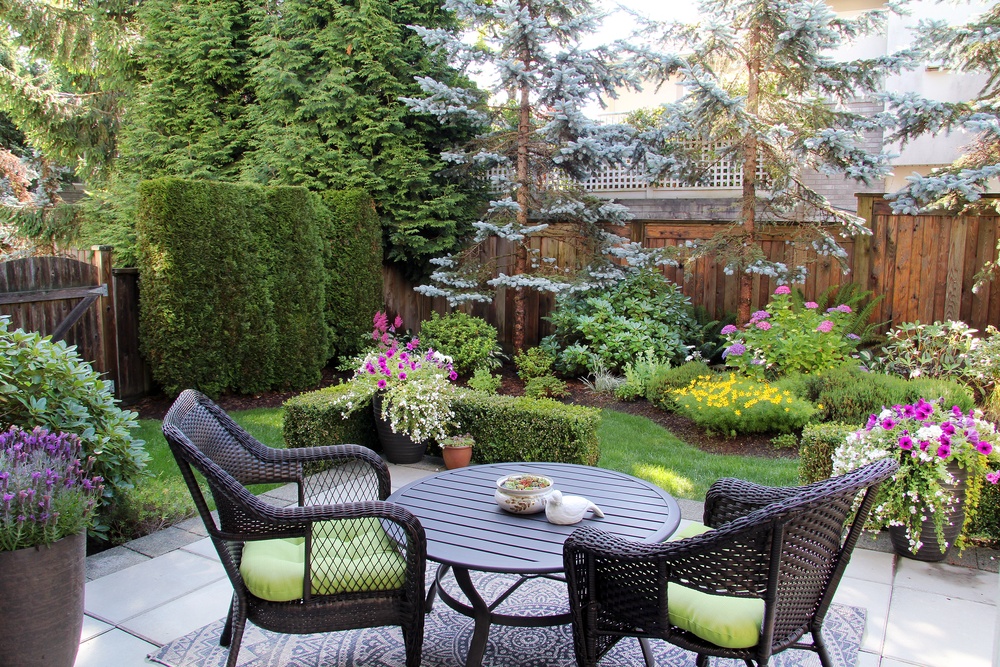 Beautifully landscaped small backyard with blue spruces, azaleas, and many other plants surrounding the seating areas.