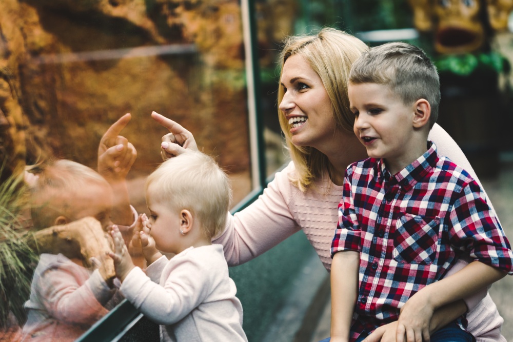 A smiling blonde mother with two children kneeling in front of a glass enclosure or display at a zoo.